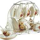15 Piece European Ceramic Tea Sets,Coffee Set Metal Holder, White Red Rose Flower Painting