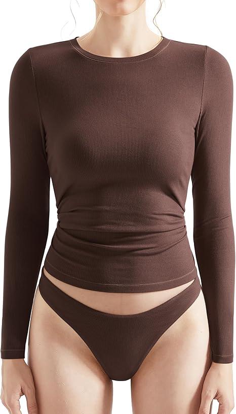 OMKAGI Women Long Sleeve Shirts Cotton Ribbed Fitted Basic Tops Crewneck Y2K Chocolate Small