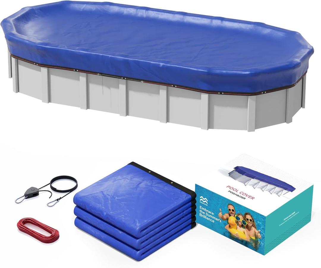 POOLHACKER 15x30 FT Oval Pool Cover 420D Extra Thick Winter Pool Cover for Above Ground Pools, 4 Ft Overlap with Pulley & Cable, Cold-Resistant, Tear-Resistant & Dustproof, Blu
