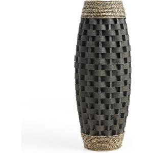 2 PCS Tall Floor Vases for Decor - 24" Black Hand Woven Floor Vase of Wood & Seagrass, Aesthetic & Decorative Large Vase for Home & Living Room Decor, Flowers Pampas Grass & Long Dried Florals Rustic Holder