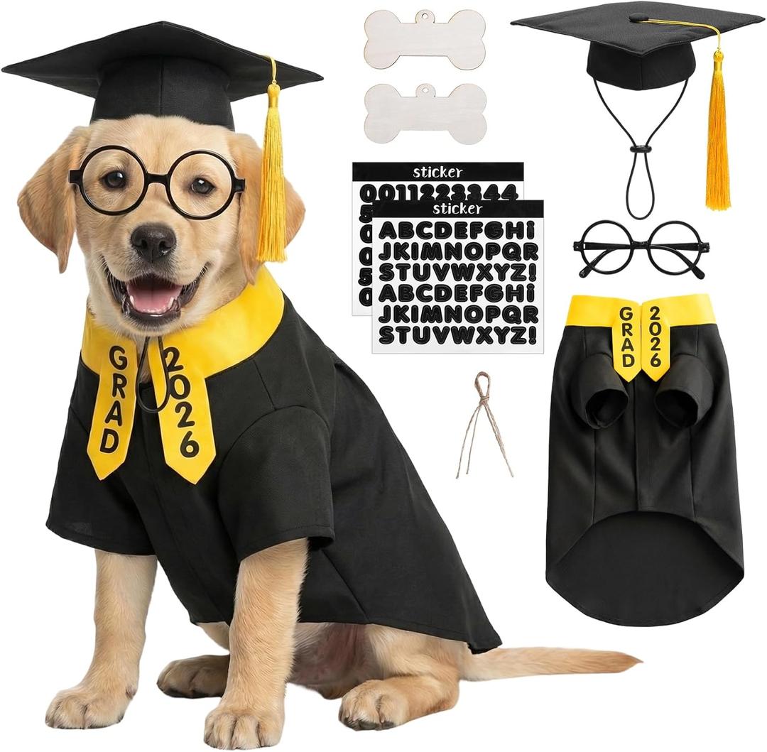 2026 Dog Graduation Costume Set, Pet Graduation Gown with Stole, Grad Cap with Tassel, Glasses, DIY Letter Stickers & Bone Name Tags, Graduation Outfit for Dogs Cats, S