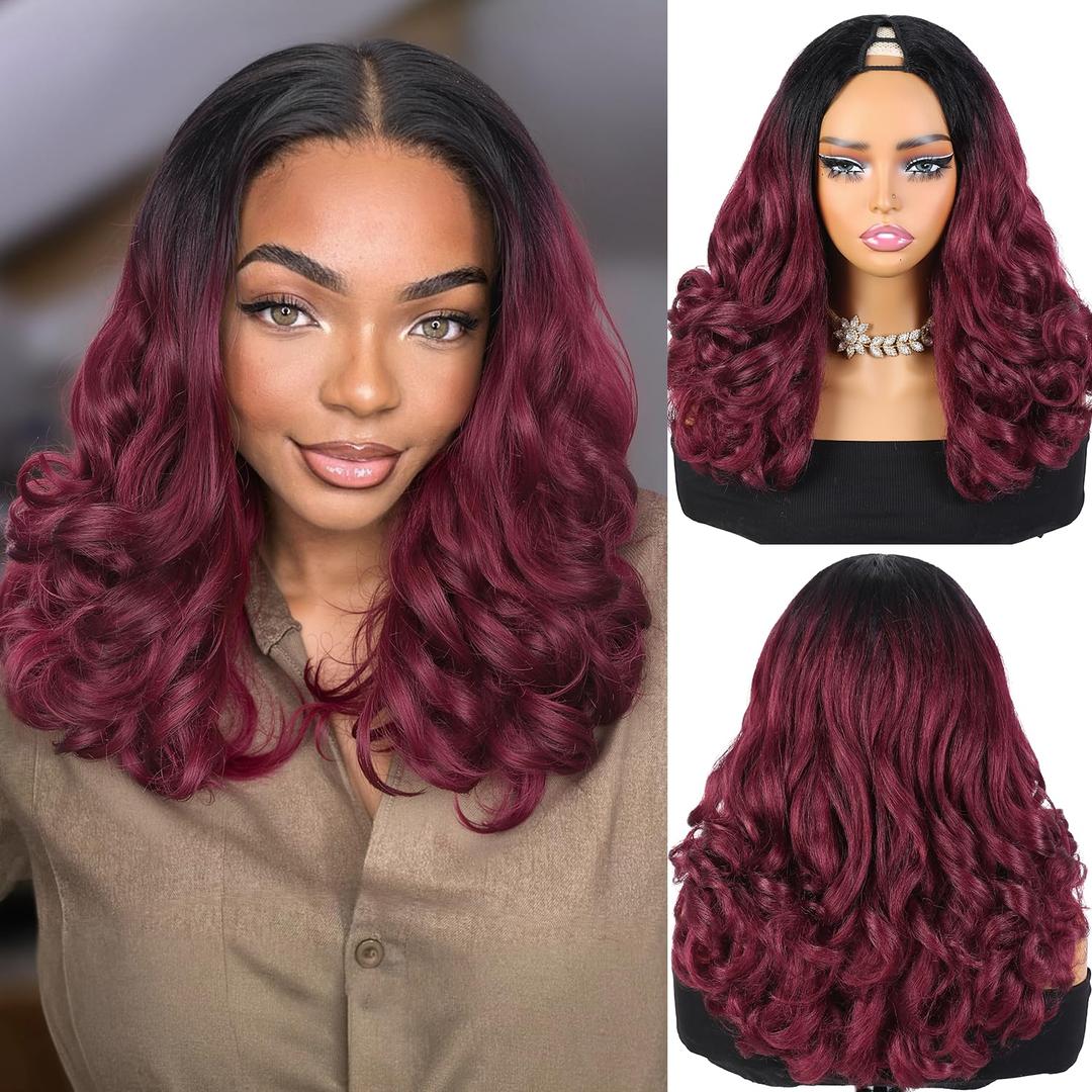 Quantum Love V Part Yaki Curly Wigs for Black Women Ombre Red Afro Curly V Part Synthetic Wig 16Inch Red No Leave out Clip in Half Wig