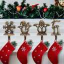 JDYFQIAN Retro Christmas Stocking Holders for Mantel - Set of 4 Vintage Heavy Hangers for Fireplace Decorations - Reindeer, Snowflake, Santa, Snowman Hooks