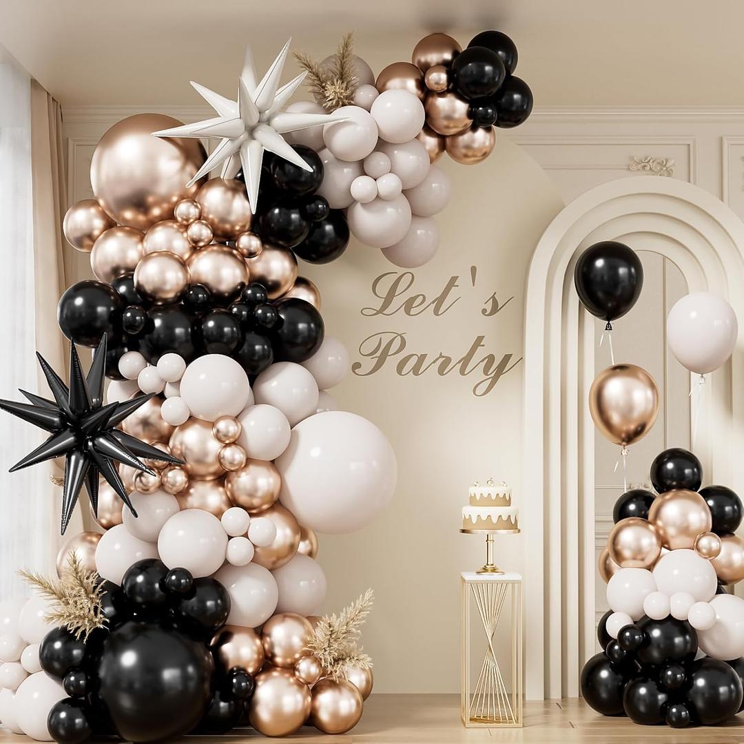 Black and Gold balloon Arch Garland Kit - Black Gold White Balloons with Sand White, Metallic Champagne Balloon, Star Foil Balloons for Graduation Birthday Wedding Party Decorations, 125Pcs
