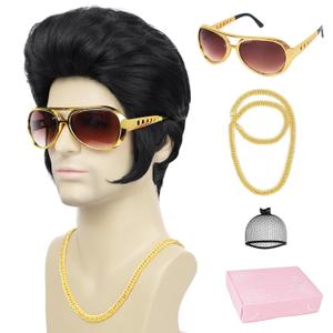 50s Disco Rock Wig with Glasses and Necklace Black Singer Rocker Costume Wigs for Men 50s 60s Funny Wig for Halloween Costume Cosplay Party Use (4pcs Set)