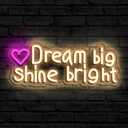 Dream big Shine bright neon sign, suitable for classroom wall decoration, back-to-school season, graduation season, student gifts. Dimmable, USB powered, pink heart-shaped inspirational neon light.