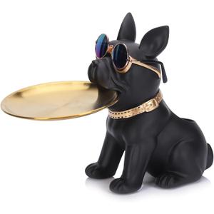 Resin French Bulldog Statue Storage Tray, Key Tray for Entryway Table, Cute Dog Butler Statue with Tray, Black French Bulldog Figurine Animal Sculpture Table Decoration for Home Office (A-6)