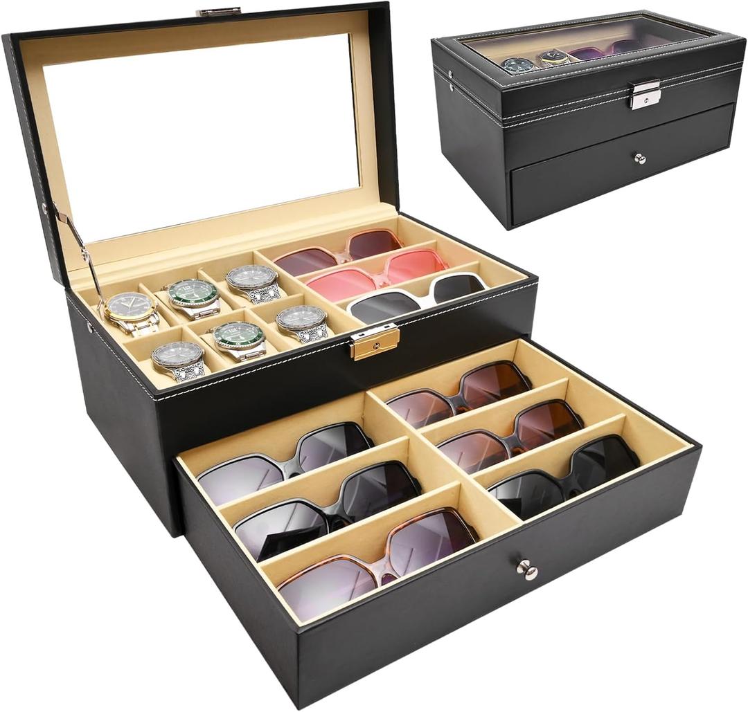 Vevitts 2 Layers 6 Slots Watch Boxes and 9 Pieces Eyeglasses Sunglasses Storage,Black Leather Watch Jewelry Eyeglasses Sunglasses Display Case Organizer for Women and Men