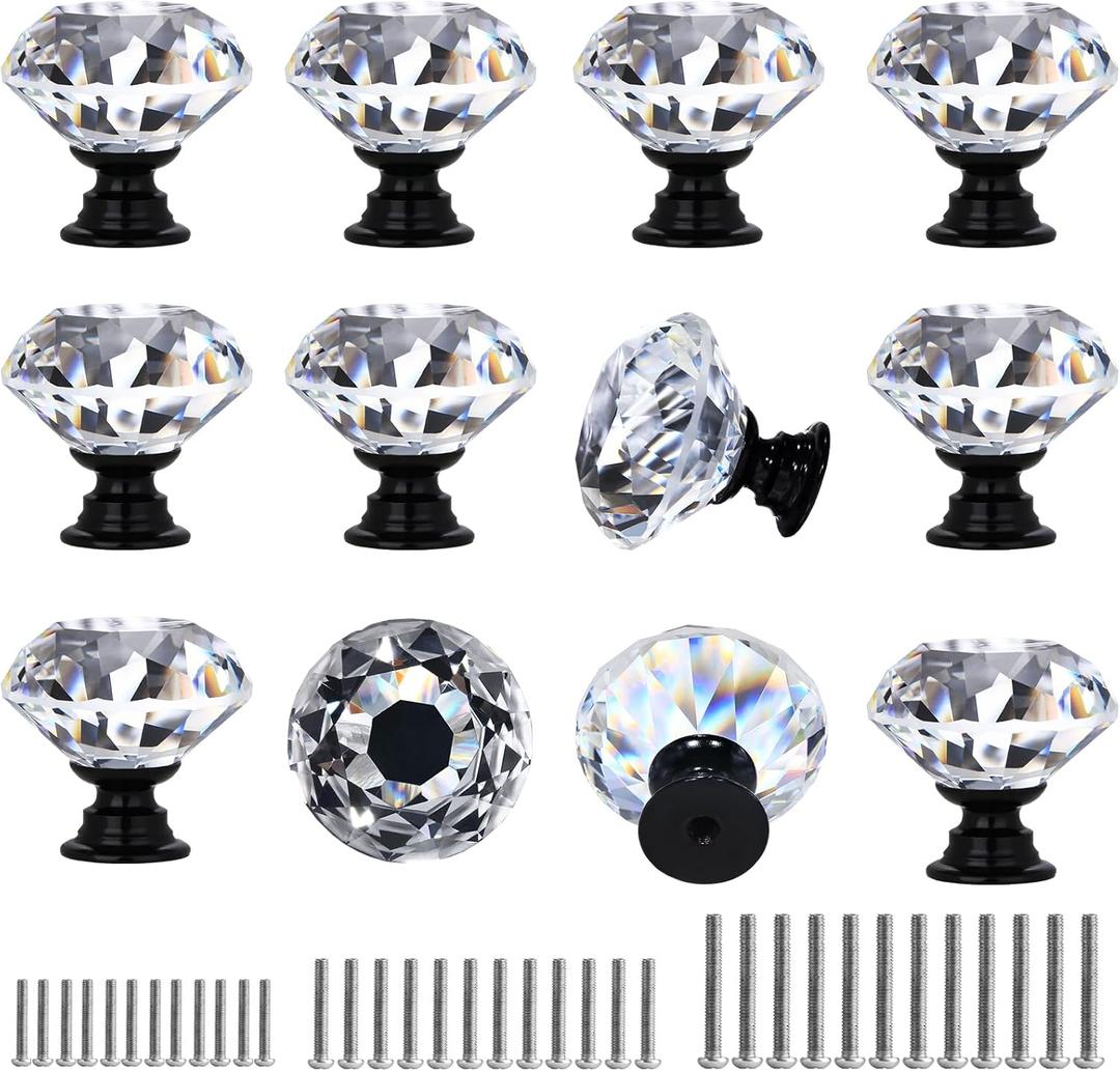 DEELF 12 Packs Crystal Cabinet Knobs Drawer Pulls and Knobs Kitchen Cabinet Knobs Diamond Dresser Knobs Crystal Knobs for Drawers - 40 mm Clear Glass Cabinet Knobs with Black Base