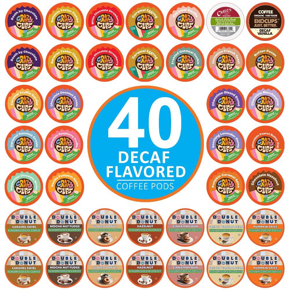 Crazy Cups Flavored Decaf Coffee Pods Variety Pack Compatible with Keurig K Cups Brewers, 40 Count, Assorted Decaffeinated Flavored Coffee Sampler(Pack of 1)