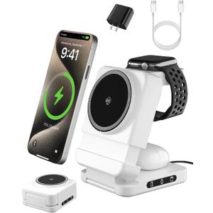 3 in 1 Foldable Wireless Charger, 15W Magnetic Charger Stand for iPhone & Samsung, Apple Watch & Galaxy Watch, AirPods & Galaxy Buds, Travel-Friendly, 25W PD Adapter Included