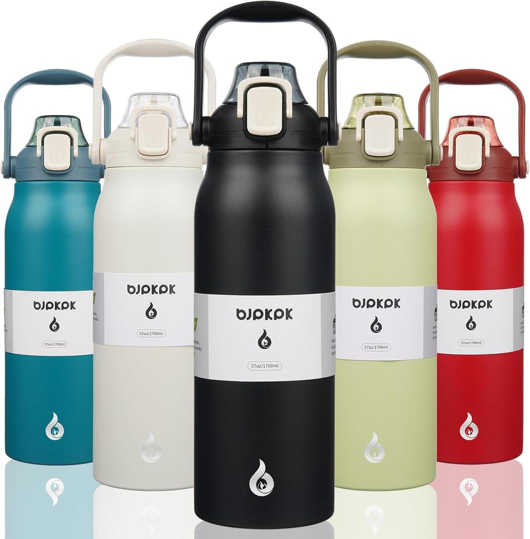 BJPKPK Insulated Water Bottles with Straw, 57 oz Sports Water Bottle with One-handed Opening Lid, BPA Free Leakproof Easy Carry Thermo, Jugs, Flasks for Gym Sports Outdoors, Black