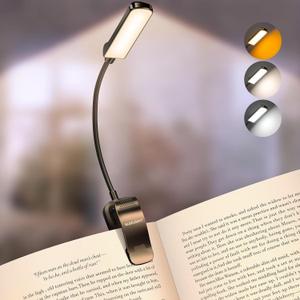 Glocusent 13 LEDs Book Lights for Reading at Night, 120 Hrs Runtime Rechargeable Reading Light, Eye Caring 3 Colors & 5 Stepless Dimming Brightness 3–60LM, Flexible Clip on Light for Book Lovers Kids