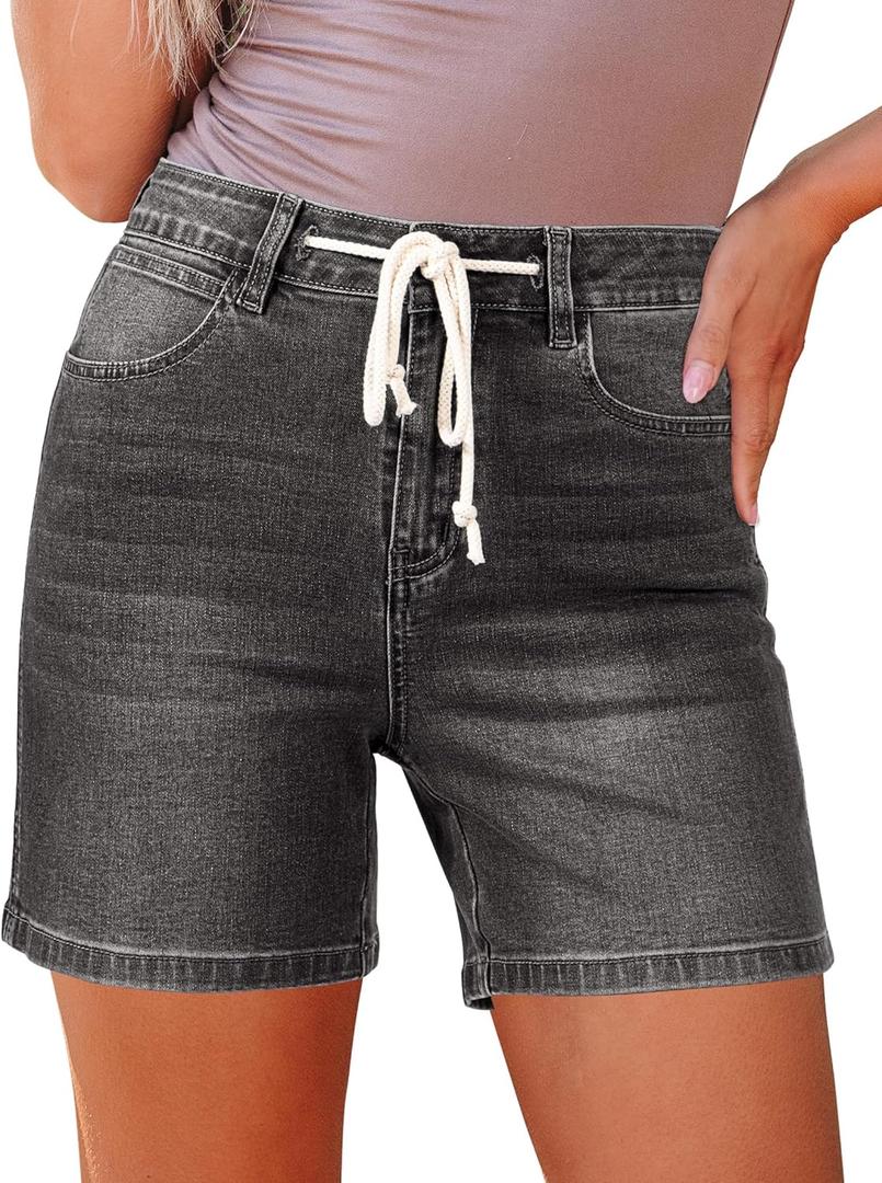 luvamia Jean Shorts for Women High Waisted Trendy Drawstring Stretchy Denim Shorts Summer Casual Jorts with Pockets (Medium, Washed Black)