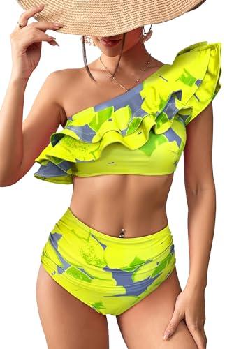 SPORLIKE Women High Waisted Swimsuit Flounce One Shoulder Bikini Padded Bathing Suit(Yellow Print,Medium) Without Bikini