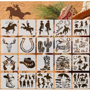 20-Pack Western Cowboy Stencils - 6x6 Inch Reusable PET Plastic Painting Templates for Wall Art, Wood, Fabric, Baking Decor, DIY Crafts & Scrapbooking (White)