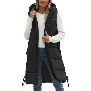 HEEKPEK Women Long Hooded Puffer Vest Winter Warm Quilted Sleeveless Down Jacket Casual Trendy Full-Zip Outerwear Drawstrings (Small, Black)