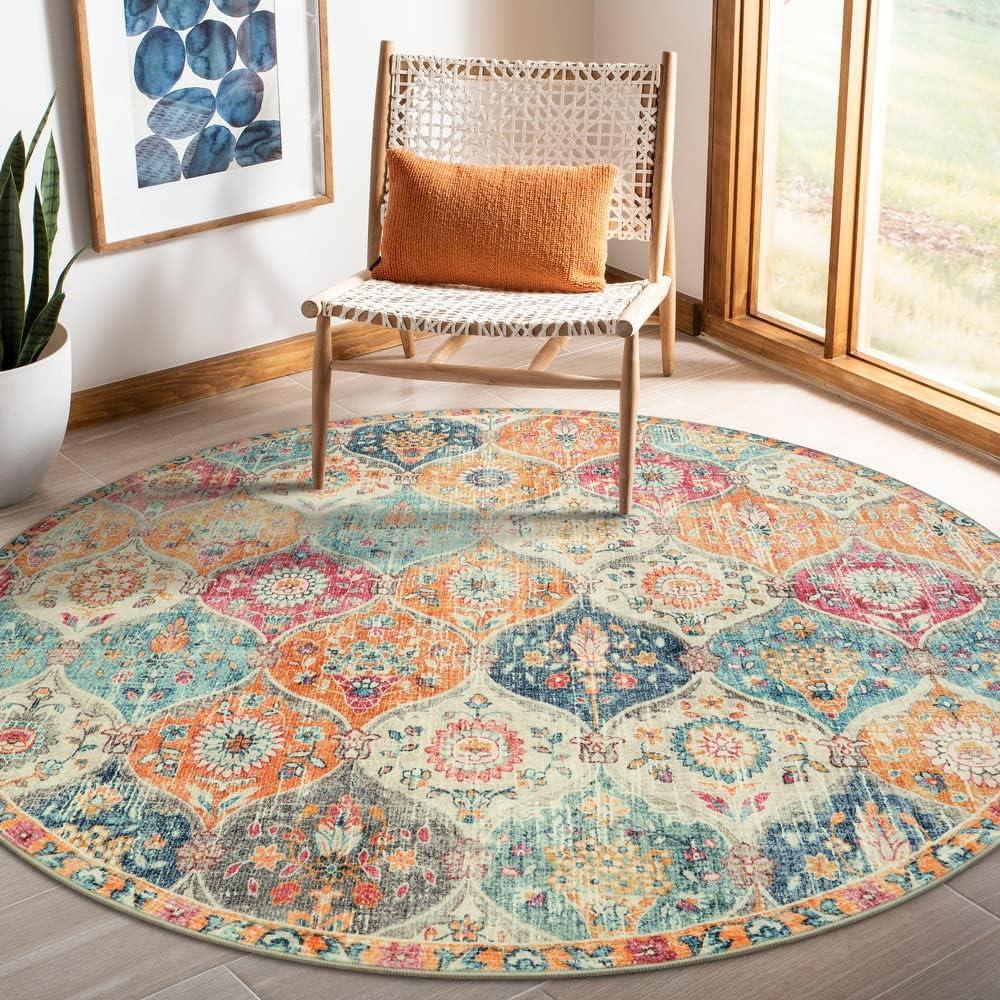 Lahome Moroccan Trellis Washable Round Area Rug, Round Rug 5ft Soft Non-Slip, Non-Shedding Distressed Circle Carpet for Bedroom Living Room Bathroom Nursery Kitchen Elise, Cream/Multi
