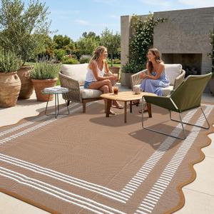 Garvee Waterproof Outdoor Rug 9x12, Scalloped Geometric Foldable Plastic Straw Patio Camping Rug, Outdoor RV Carpet for Deck Camper Porch Balcony Backyard Picnic Beach Brown and White