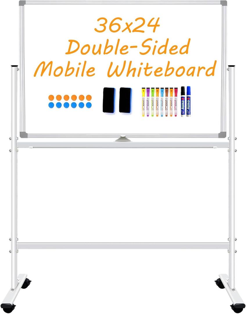 BSTPCOO Double-Sided Dry Erase Board with Stand 36"x24", Magnetic Mobile White Board Rolling Whiteboard on Wheels Drawing whiteboard with Stand for Kids & Adults, 2 Eraser, 10 Markers, 12 Magnets