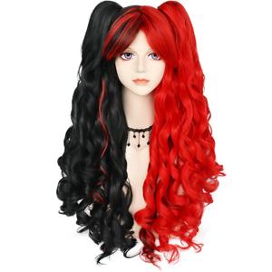 JoneTing Red and Black Wigs+ Hair Cap Red Black Ponytail Wig Curly Red and Black Pigtails Wig for Halloween Costume Red Black Clown Wigs Party Christmas Long Curly Hair for Cosers (Average)