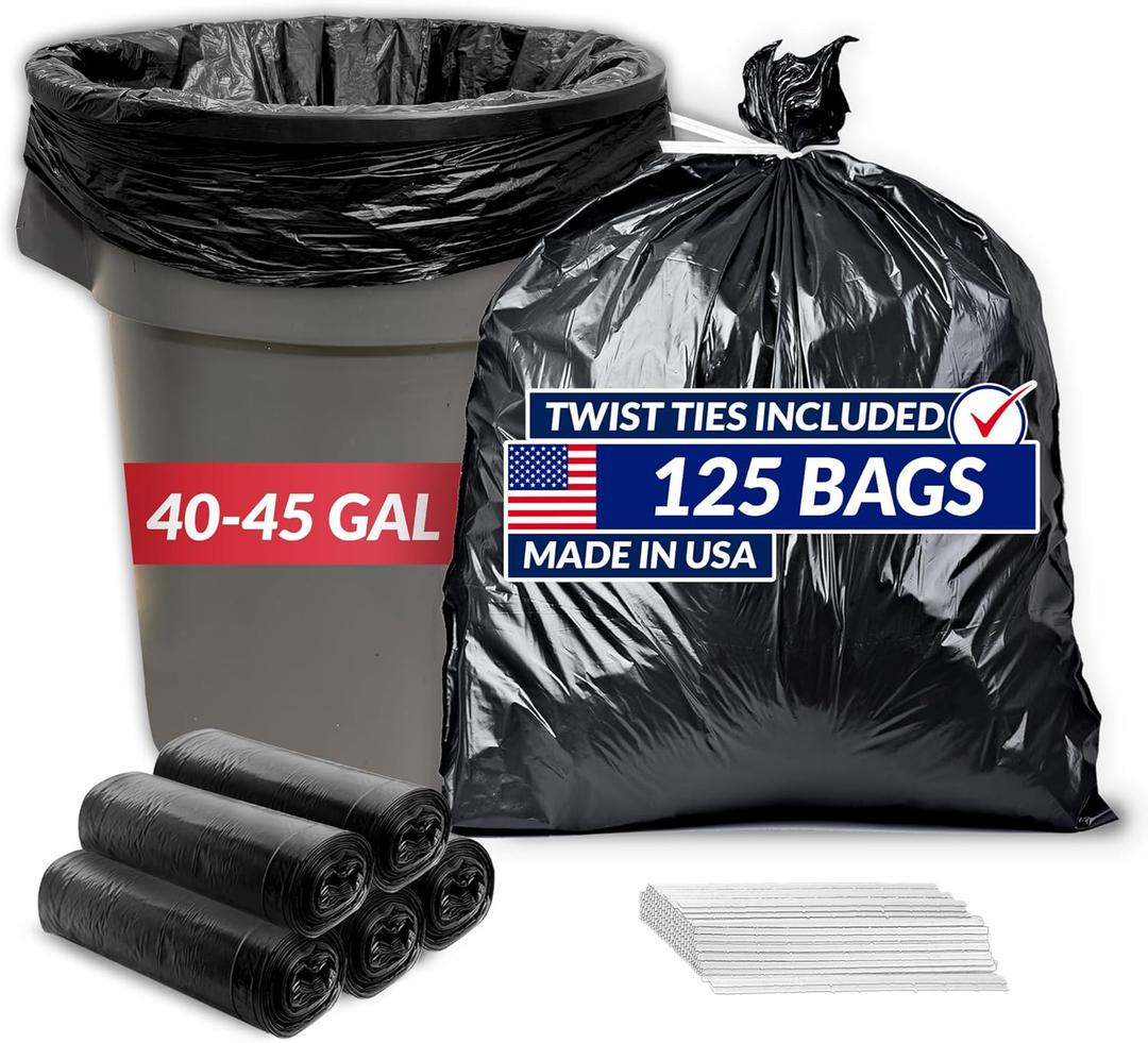 Reli. 40 to 45 Gallon Garbage Bags Heavy Duty | 125 Count with Ties | Super Sizeable, Black, Serious Garbage Cleanup