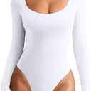REORIA Women's Sexy Basic Sexy Scoop Long Sleeve Double Lined Layering Slim Bodysuit Tops, Size Medium