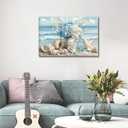 Blue Ocean Beach Wall Art Coastal Bathroom Poster Print Sea Vase Canvas Wall Decor Seaside Seashell Painting Picture for Bathroom Bedroom Living Room Kitchen Office Framed