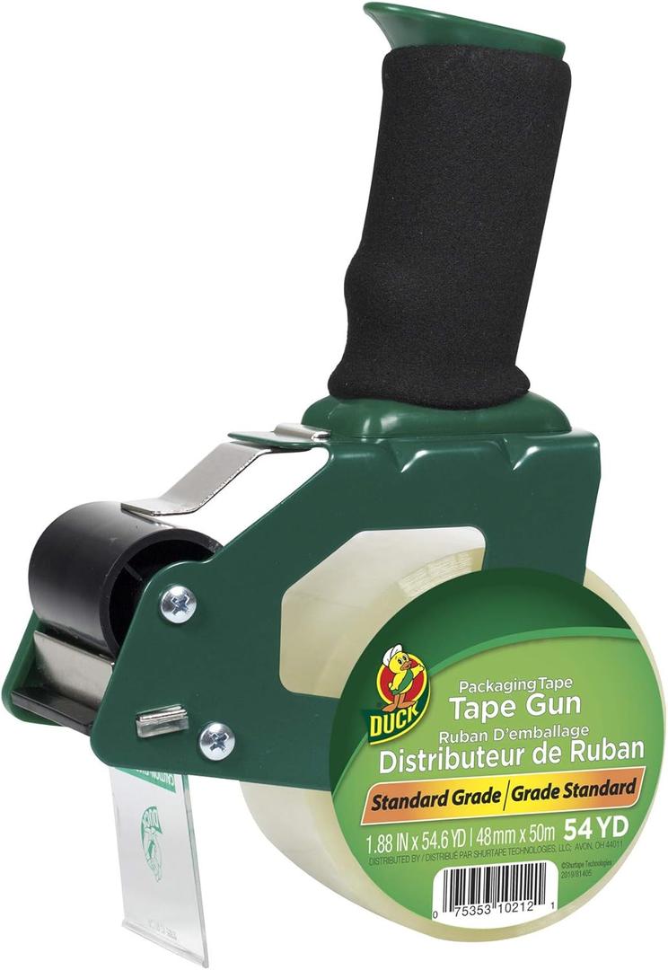 Duck Brand Tape Gun with Pistol Grip Handle - Compatible with 3" Core Packing Tape Refill Rolls up to 2 Inches Wide - 1.88 Inch x 54.6 Yards - Clear (669332)
