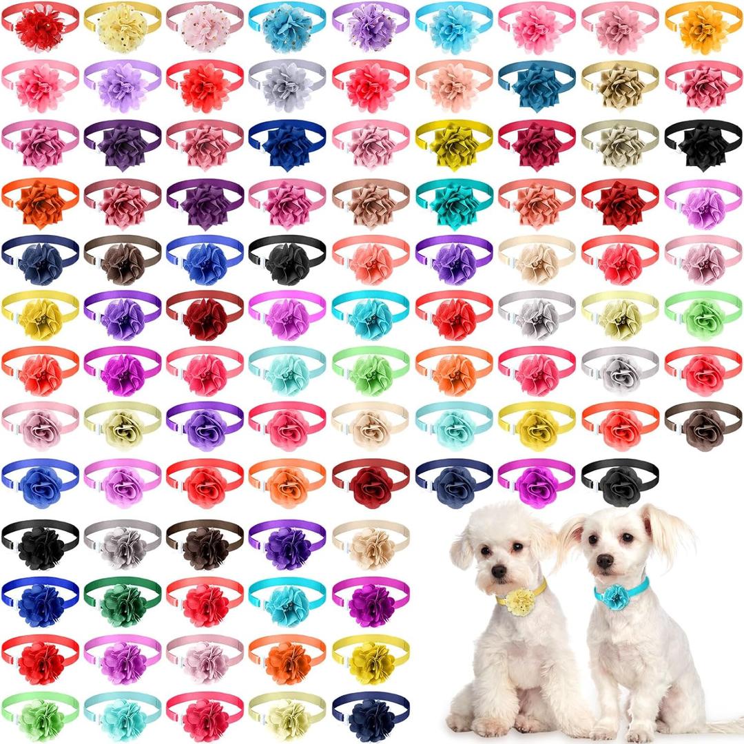 Reginary 100 Pcs Dog Collar Flowers Bulk Pet Collar Bows Dog Accessories Adjustable Nylon Multicolor Cute Puppy Bows Tie Cat Crystal Floral Tie for Puppy Small Pet Cat Grooming