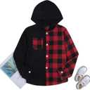 Boys Flannel Shirts Plaid Hoodie: Button Down Long Sleeve Shirt Fall Winter Fashion Lightweight Hooded Jacket Coats (6-7 Years, Black + Red)