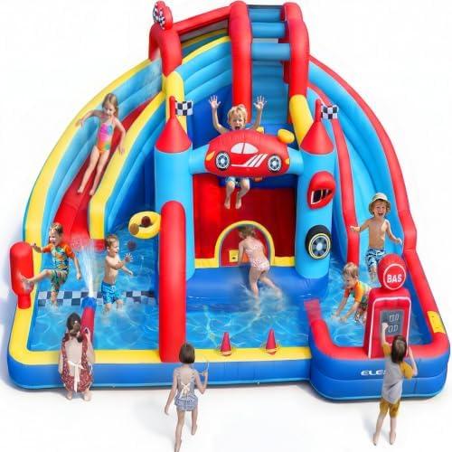 ELEMARA Speed Racer Kids Inflatable Water Slide Bounce House, 15 in 1 191x175in Double Slide Water Park with Climbing Wall, Splash Pool, Water Cannon, Basketball, Dartboard, Boxing Post, 750W Blower