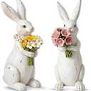 Yuntau 2 Pcs Bunny Figurine White Bunny Decor Wooden Easter Couple Rabbit Figurine Table Decoration Easter Gifts for Spring Holiday Indoor Party Home Table Centerpieces Party Supplies