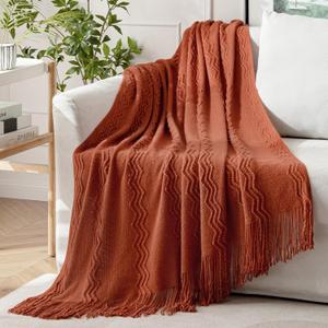MIULEE Rust Knitted Throw Blanket for Couch Terracotta Boho Textured Cozy Woven Rustic Blanket with Tassels for Sofa Chair Bed Living Room Farmhouse Decor Acrylic Wave Pattern 50"x60"