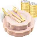 NOCCUR 175PCS Pink Plates with Gold Disposable Silverware - Include 50 Pink Plastic Plates,25 Knives,25 Forks,25 Spoons,25 Cups and 25 Napkins - Ideal for Wedding/Party/Mother's Day (175 Pieces)