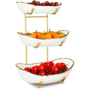 YYW 3 Tier White Fruit Bowl for Kitchen Counter, Ceramic Fruit Stand for Countertop, Home Fruit Rack with Holder, Vegetable Bowl Snacks Nuts Bread Candy Storage