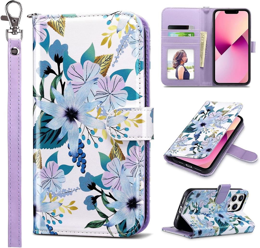 ULAK Compatible with iPhone 13 Pro Max Wallet Case for Women with Credit Card Holders, Designed Flip PU Leather Kickstand Shockproof Protective Cover for iPhone 13 Pro Max 6.7 inch, Blossom