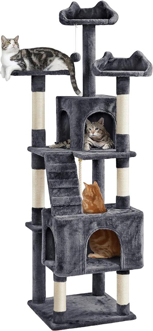 Yaheetech XL Cat Tree, 72in Multi-Level Cat Tower with 2 Cozy Caves, 3 Soft Perches, Scratching Posts, Board, and Dangling Ball, Pet Furniture Play House for Kittens/Cats, Dark Gray