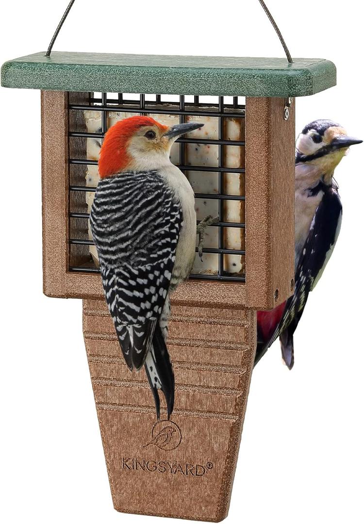 Kingsyard Recycled Plastic Suet Feeder, Tail Prop Suet Feeder for Outside Hanging, Sturdy & Durable, Great for Woodpecker & Clinging Birds, Green