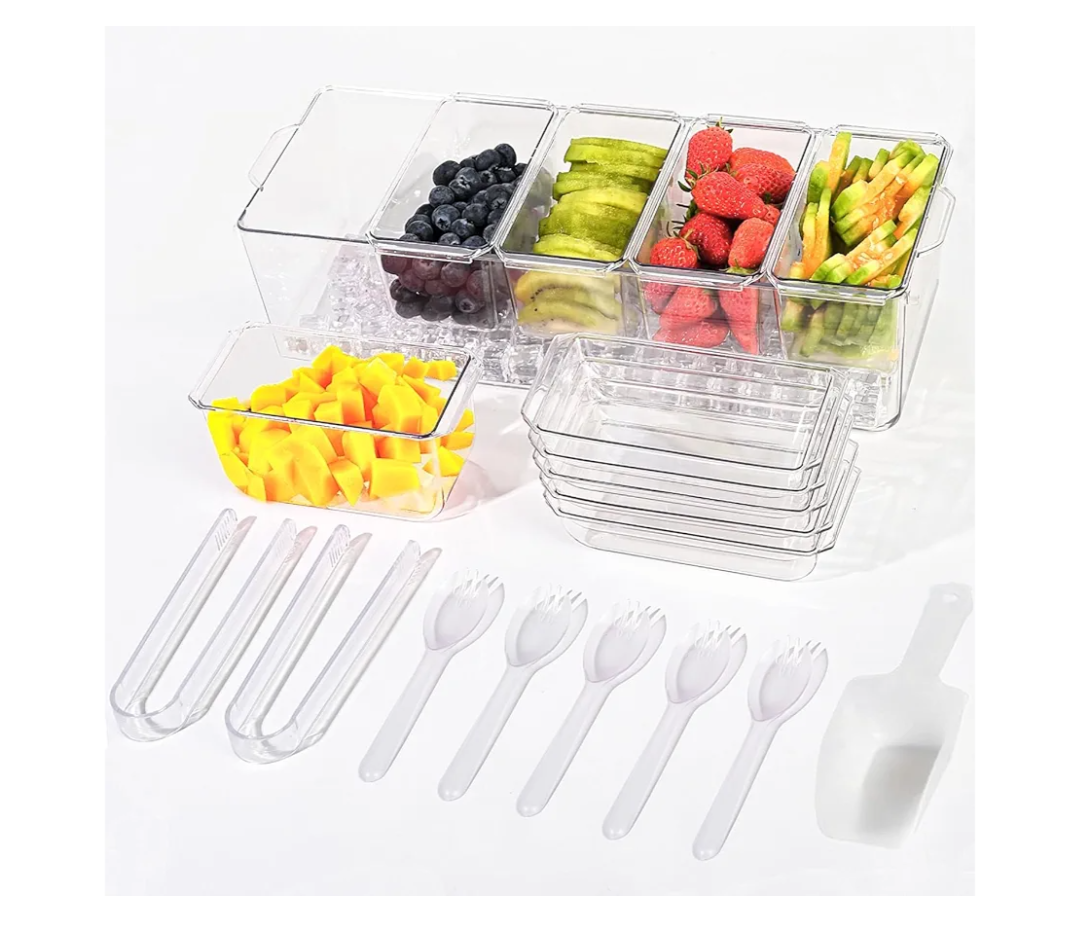 Ice Chilled Condiment Caddy with 5 Containers(2.5 cup), Condiment Server with Separate Lids, Serving Tray Platter with Removable Dishes for Bar Accessories, Fruit, Salad, Taco, Party Garnish