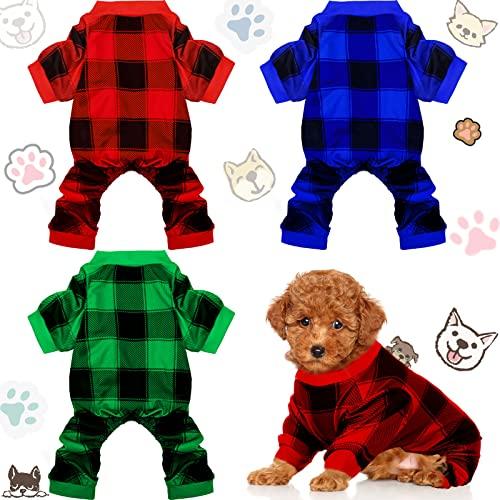3 Pieces Christmas Dog Pajamas Red Buffalo Plaid Jumpsuit Puppy Pet Pajamas Buffalo Check Cute Apparel for Small Medium Dog Cat Chihuahua Puppy Christmas Costume(S (fit 3.3-5.5lbs)