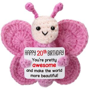 Pink Crochet Butterfly 20th Birthday Gift for Her, Handmade 4" Amigurumi Plush with Happy 20th Birthday Sign, Cute Desk Decor, Small Stuffed Butterfly for Daughter College