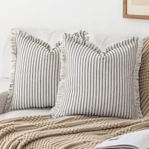 Throw Pillow Covers 22x22 Set of 2 Striped Fringe Pillow Cover Farmhouse Cushion Covers with Tassel Neutral Boho Pillows Decorative Square Pillowcase for Couch Sofa Bed, Black