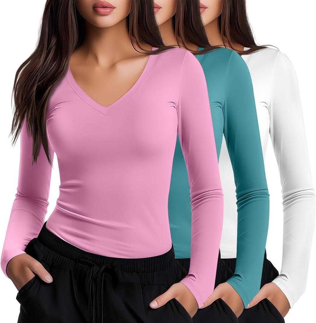 Neer 3 Pack Women Long Sleeve Underscrubs Shirt V Neck Slim Fitted Scrub Undershirts Comfort Nurse Fall Layering Tees Tops (L)