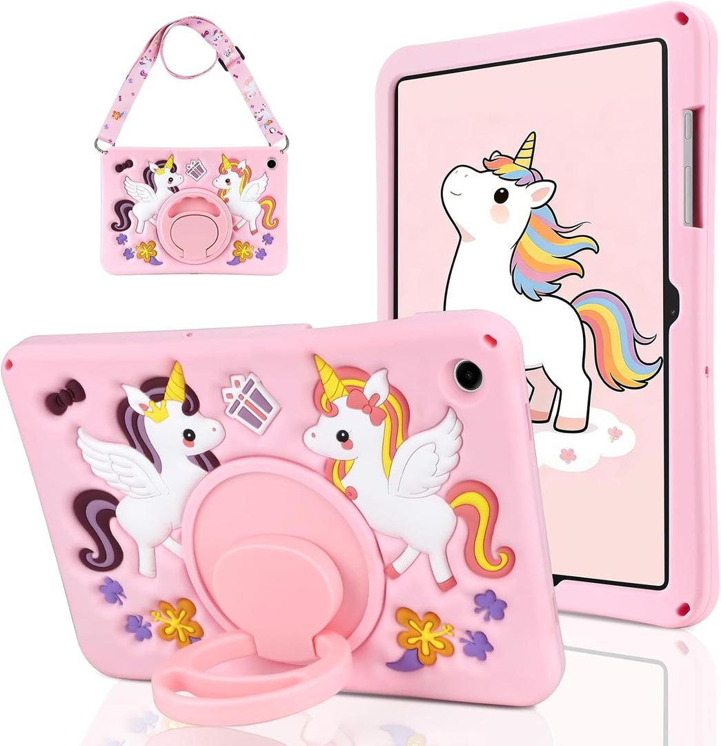WESADN Case for Samsung Galaxy Tab A11+ Plus 2025,Galaxy Tab A9+ Plus Case 11 Inch 2023 Kids Girls with Strap Rotating Stand Handle Cartoon Unicorn Samsung Tab A11+/A9+ Tablet Case Soft Silicone,Pink