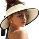 Camptrace Sun Visors for Women Wide Brim Beach Hat Foldable Straw Visor Hat Ponytail Summer Packable UPF 80+ (One Size, Beige)