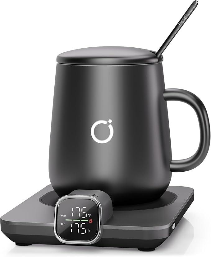 Coffee Cup Warmer & iKago Mug Set, 1℉ Precise Temp Control Mug Warmer | Auto Shut Off, Infrared Sensor, Dual Temp Display, ℉/℃ Optional, 15oz Mug with Spoon & Lid Included, Gifts for Men Women