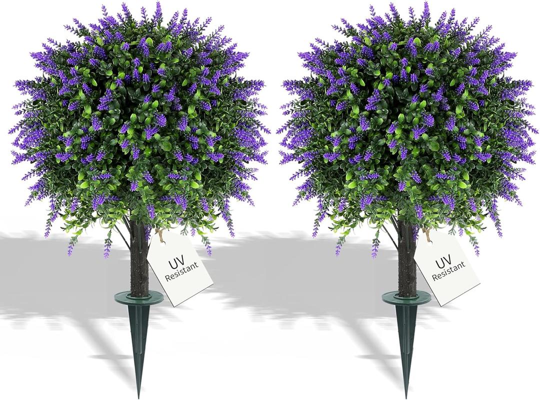 27.2" Artificial Lavender Topiary Set of 2 with Spike, Fake Plants Boxwood Balls Greenery Shrubs , Uv Resistant Artificial Push in Flowers Bushes for Outdoor Front Porch Decor, Home Faux Plants Indoor