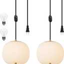 Mid Century Modern Pendant Light Fixture, Milk Glass 7 Globe Hanging Light with Dimmable Switch and Plug in for Kitchen Island Dining Room Bedroom Living Room, 2 Pack, 16ft Bulb Included (Brass)