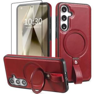 Samsung Galaxy S25 Case with Stand, Anti-Slip Shockproof Ring, Compatible with MagSafe, Magnetic Protective Holster with Camera Lens and Screen Protector (Wine, S25) (Burgundy)